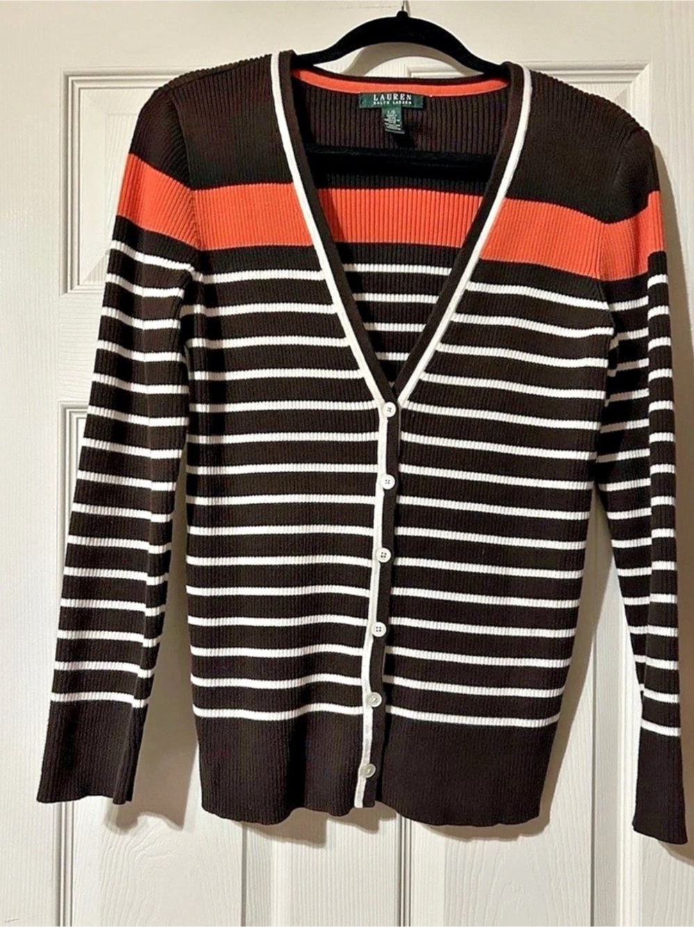 Lauren Ralph Lauren Striped Cardigan in Black & Orange Size Large Like New